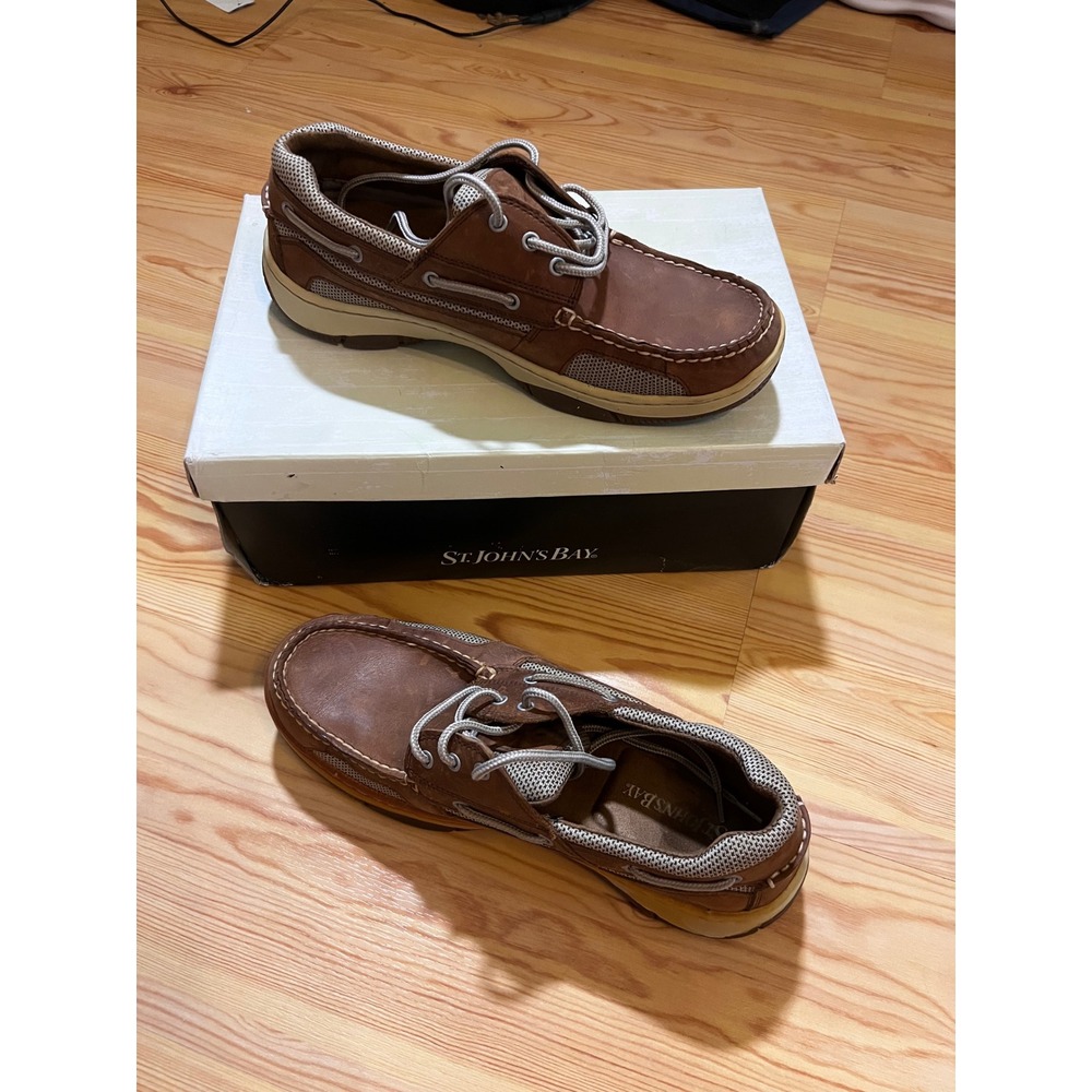 St Johns Bay Mens Brown Leather Boat Shoes Mesh Loafers Size 10M 016-8005